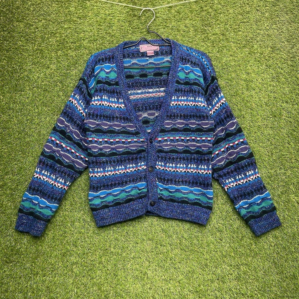 Vintage 3D Knit Sweater Womens Large Multi Color Coogi Cardigan Cosby 90s